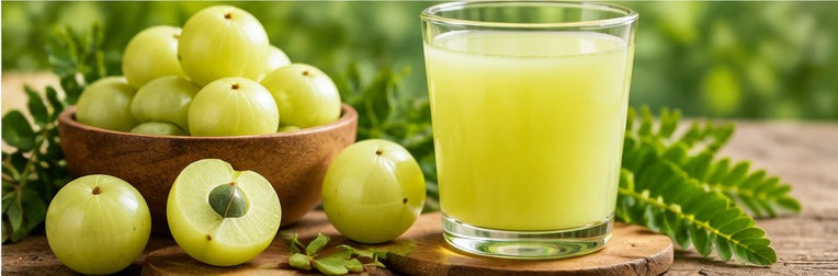 Fresh Amla fruits with Amla juice for Ayurvedic wellness