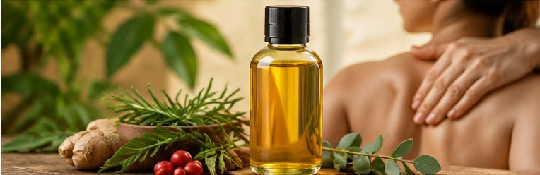 Herbal massage oil with a shoulder massage wellness concept