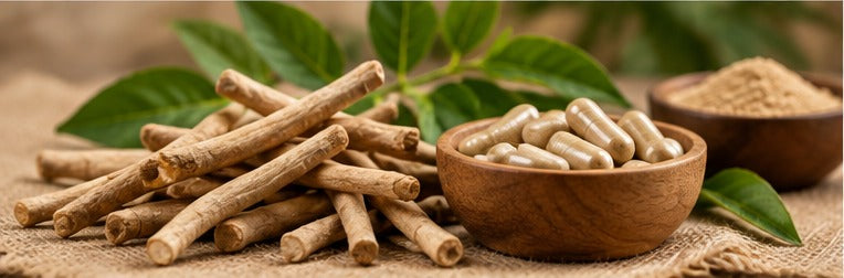 Ashwagandha roots and capsules for traditional Ayurvedic wellness