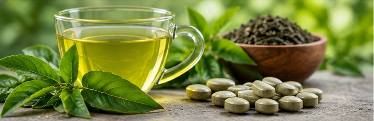 Green tea leaves, brewed green tea and tablets