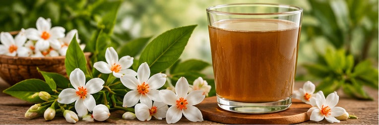 Harsingar flowers and herbal juice for Ayurvedic wellness