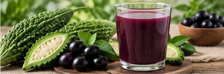 Karela and Jamun with herbal juice for Ayurvedic wellness