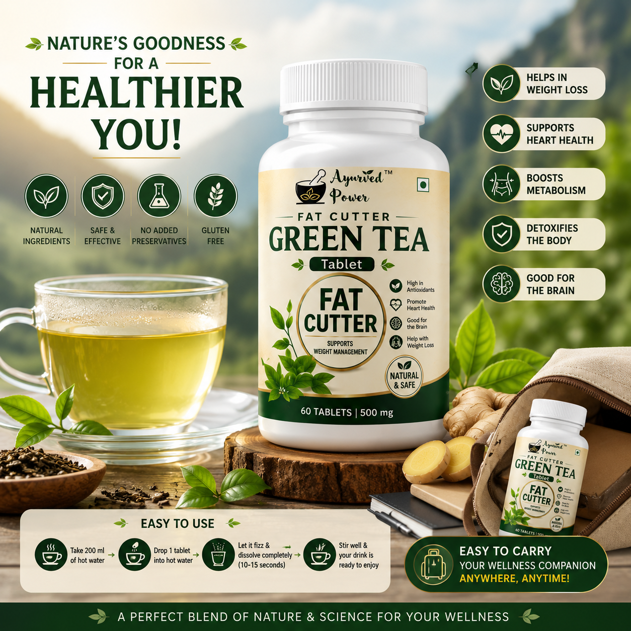 Fat Cutter Green Tea Wellness Tablet | Herbal Supplement with Green Tea Extract for Daily Wellness, Active Lifestyle & Routine Support