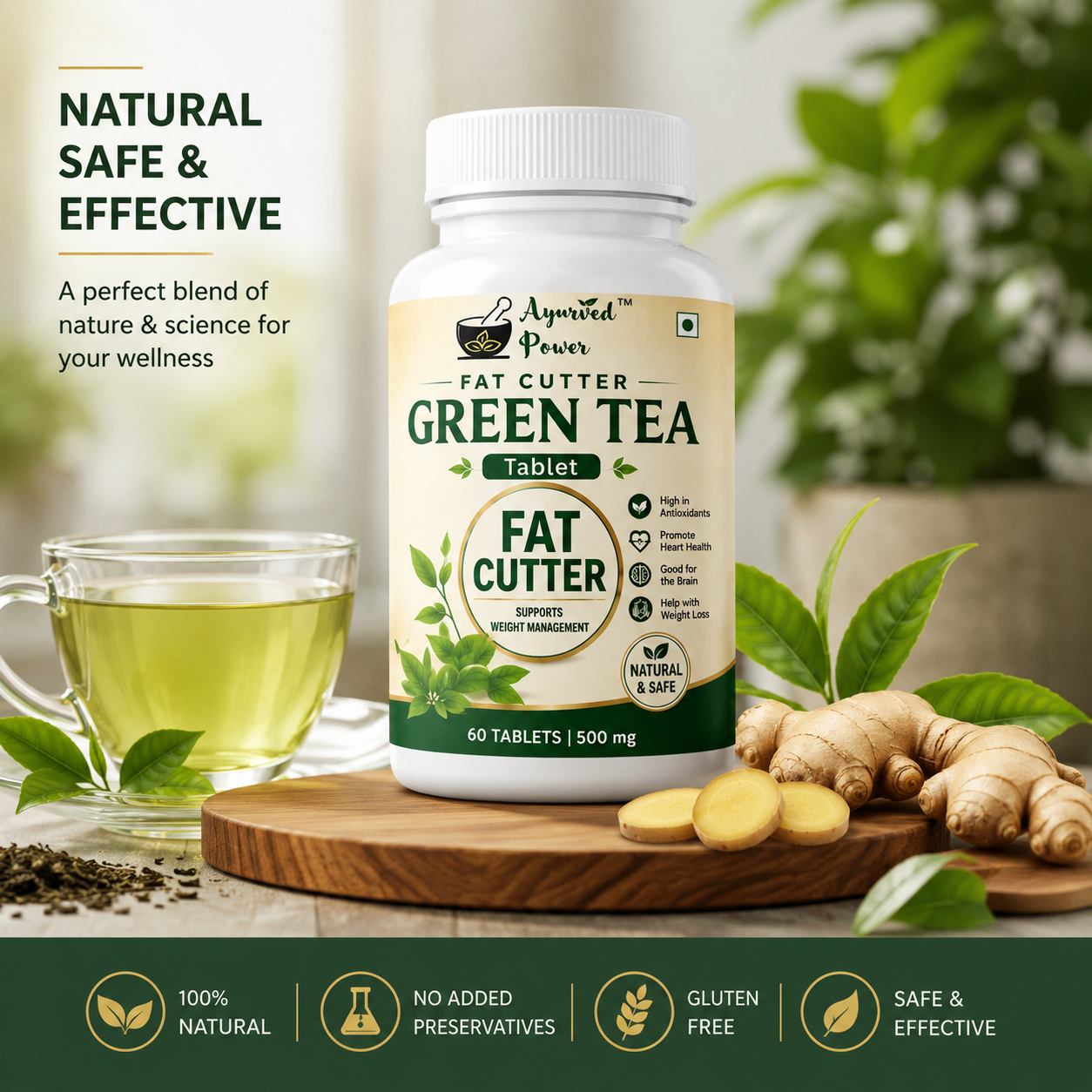 Fat Cutter Green Tea Wellness Tablet | Herbal Supplement with Green Tea Extract for Daily Wellness, Active Lifestyle & Routine Support