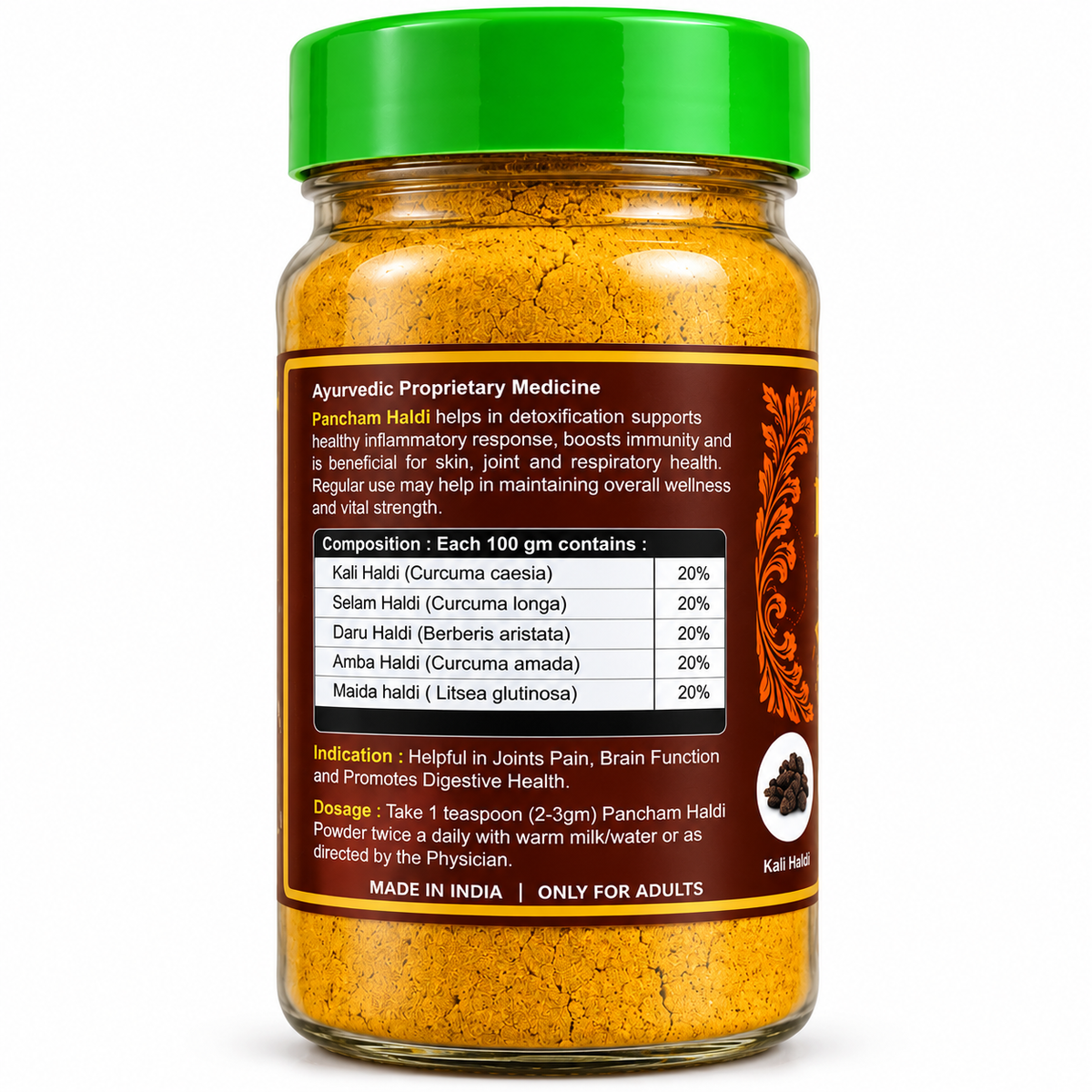 Pancham Haldi Churna label – composition 20% each, dosage 2–3 g twice daily, only for adults