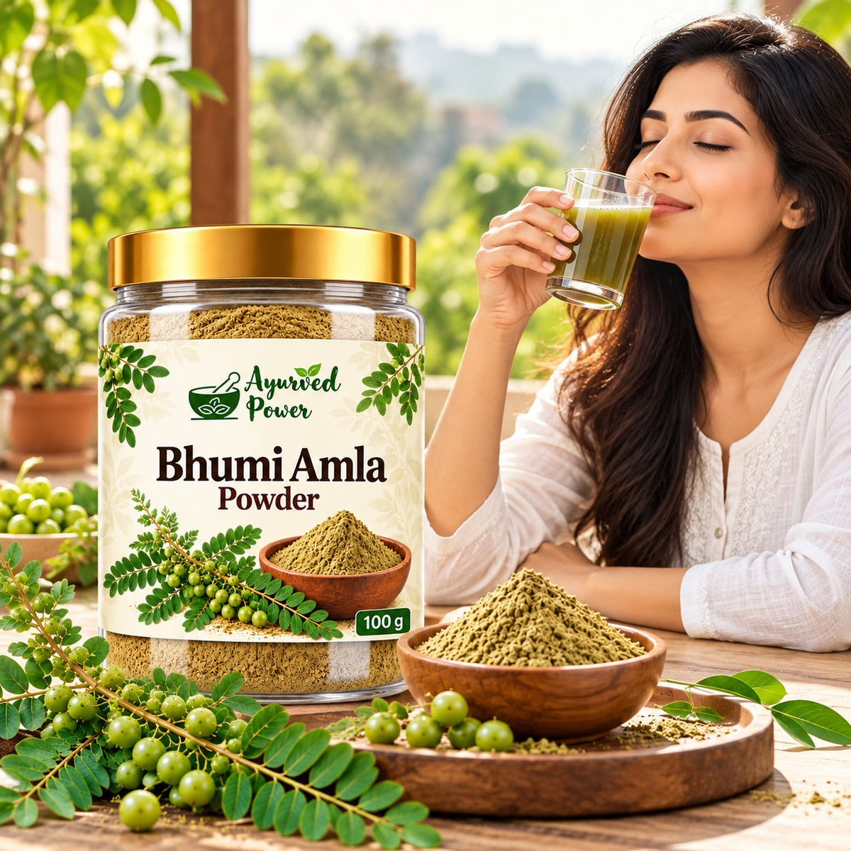 Woman drinking Bhumi Amla Powder drink with Ayurved Power jar